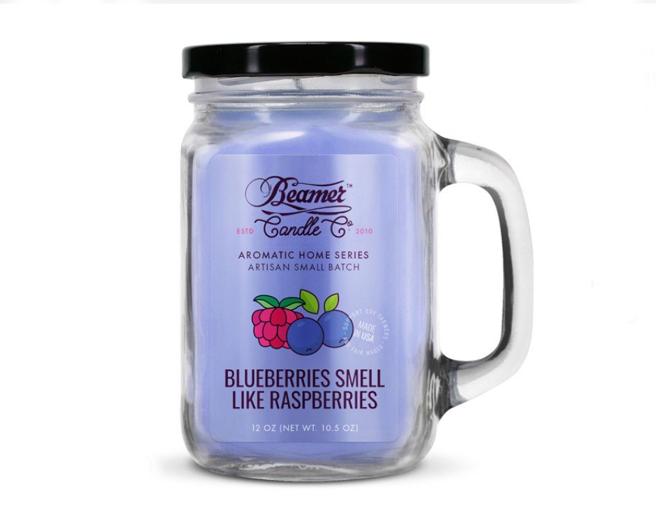 Smoke Killer illatgyertya üvegedényben, füllel és fém kupakkal – Blueberries Smell Like Raspberries - nagy
